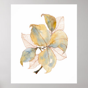 Gedempte Gouden Blauwe Aquarel Botanische Bladeren Poster