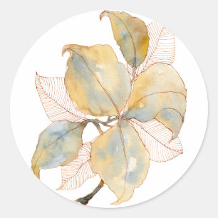 Gedempte Gouden Blauwe Aquarel Botanische Bladeren Ronde Sticker