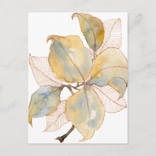 Gedempte Gouden Blauwe Waterverf Botanische Blader Briefkaart