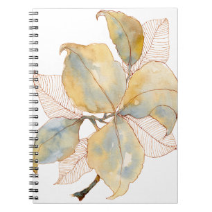 Gedempte Gouden Blauwe Waterverf Botanische Blader Notitieboek