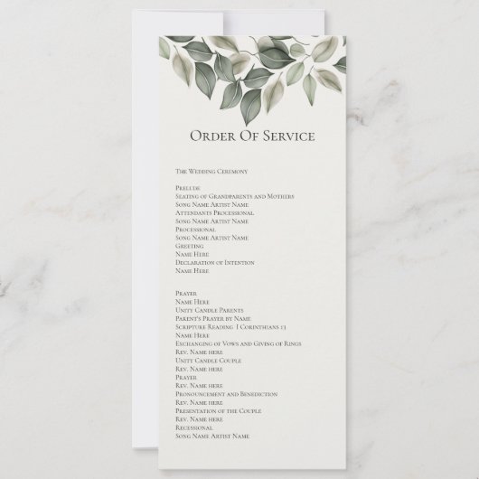 Gedempte Groen Bladblad Orde van de Dienst Bruilof Kaart (Voorkant)