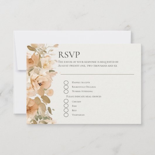 Gedempte groene en perzik bloem bruiloft RSVP kaartje (Voorkant)