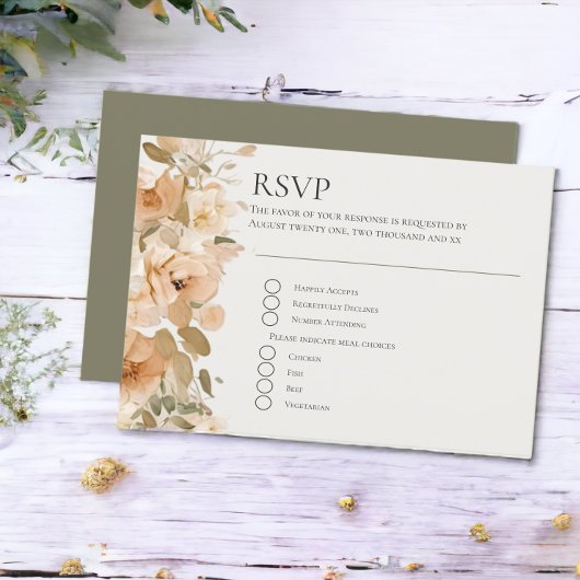 Gedempte groene en perzik bloem bruiloft RSVP kaartje