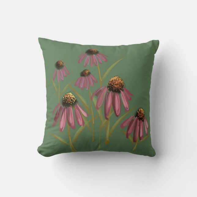 Gedempte groene en roze bloemen - Echinacea Art Kussen (Voorkant)