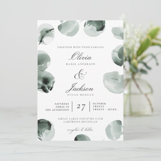 Gedempte groene eucalyptus scripted moderne bruilo kaart (Staand voorkant)