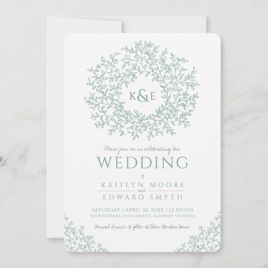 Gedempte groene hand getrokken blad monogram kunst kaart (Voorkant)