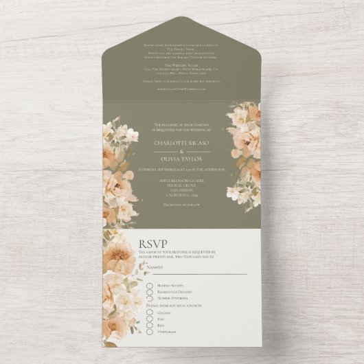 Gedempte groene perzik bloem gepersonaliseerde bru all in one uitnodiging (Binnen)