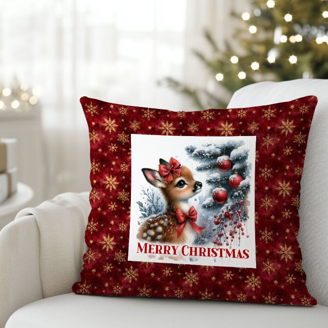 Gedempte kerstscene baby ree kerst kussen  (Hushed Christmas scene baby fawn Christmas pillow (51))