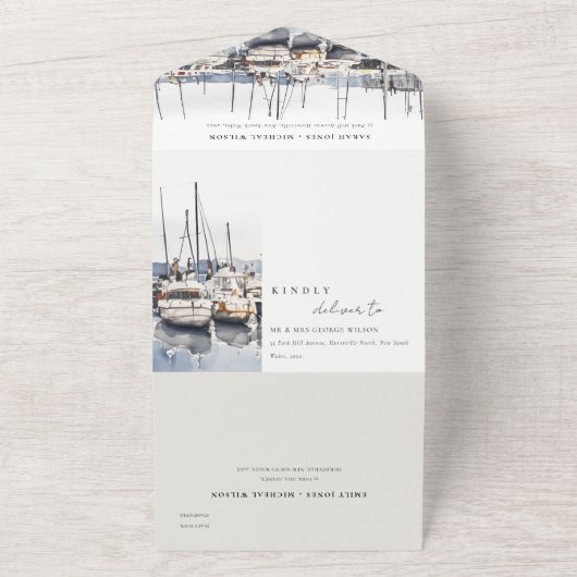 Gedempte kustboten bij Harbour Seascape Bruiloft All In One Uitnodiging (Buitenkant)