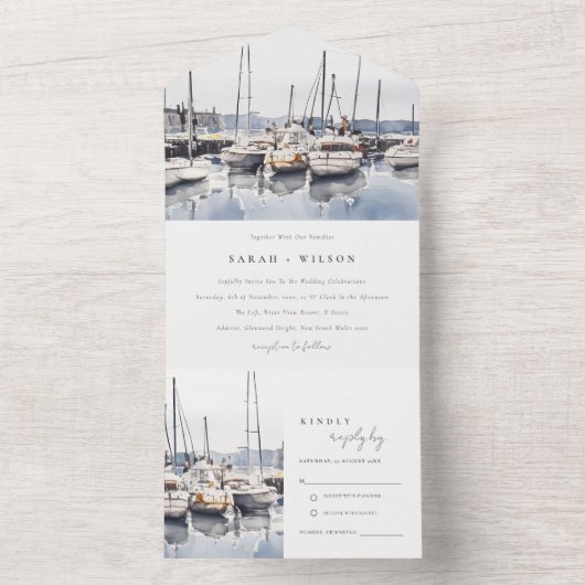 Gedempte kustboten bij Harbour Seascape Bruiloft All In One Uitnodiging (Binnen)