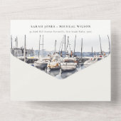 Gedempte kustboten bij Harbour Seascape Bruiloft All In One Uitnodiging (Achterkant)