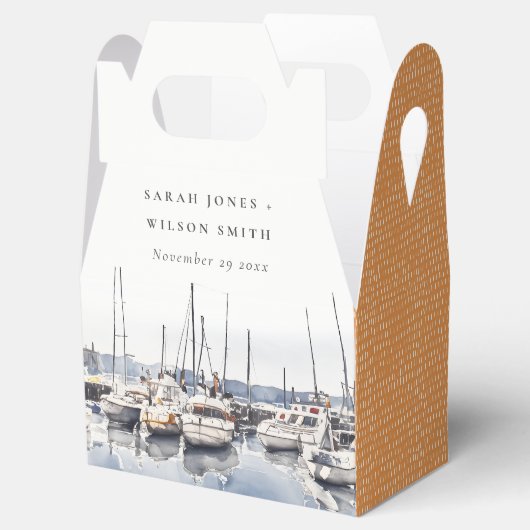 Gedempte kustboten bij Harbour Seascape Bruiloft Bedankdoosjes (Geopend)