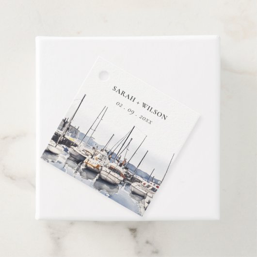 Gedempte kustboten bij Harbour Seascape Bruiloft Bedankjes Labels (In situ)