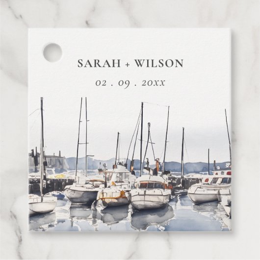 Gedempte kustboten bij Harbour Seascape Bruiloft Bedankjes Labels (Voorkant)