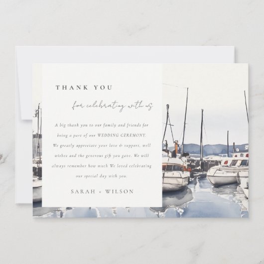 Gedempte kustboten bij Harbour Seascape Bruiloft Bedankkaart (Voorkant)