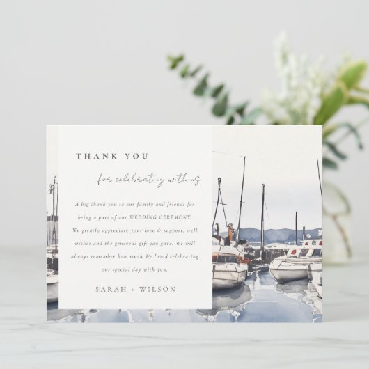 Gedempte kustboten bij Harbour Seascape Bruiloft Bedankkaart (Staand voorkant)