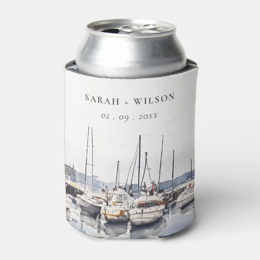 Gedempte kustboten bij Harbour Seascape Bruiloft Blikjeskoeler (Blikje Voorkant)