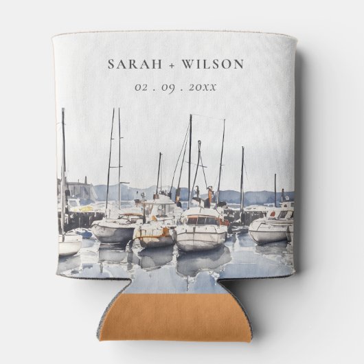 Gedempte kustboten bij Harbour Seascape Bruiloft Blikjeskoeler (Achterkant)
