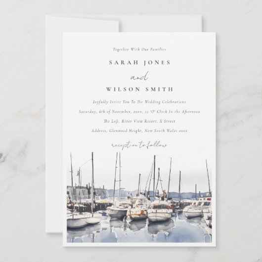 Gedempte kustboten bij Harbour Seascape Bruiloft Kaart (Voorkant)