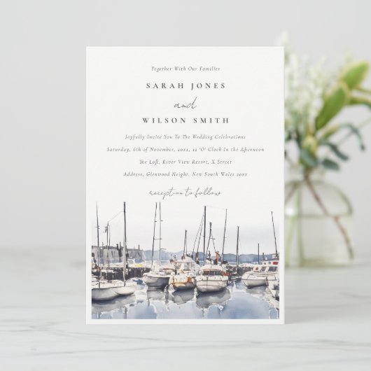 Gedempte kustboten bij Harbour Seascape Bruiloft Kaart (Staand voorkant)