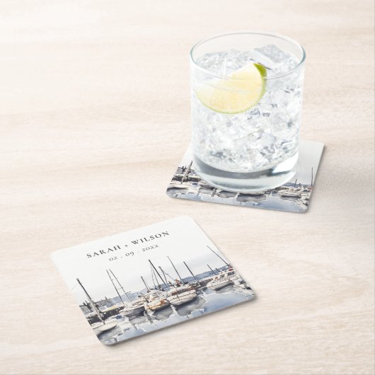 Gedempte kustboten bij Harbour Seascape Bruiloft Kartonnen Onderzetters (Insitu)