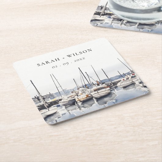 Gedempte kustboten bij Harbour Seascape Bruiloft Kartonnen Onderzetters (Schuin)