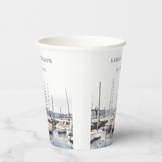 Gedempte kustboten bij Harbour Seascape Bruiloft Papieren Bekers (Rechts)