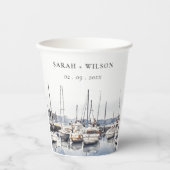 Gedempte kustboten bij Harbour Seascape Bruiloft Papieren Bekers (Voorkant)