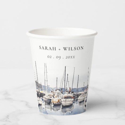 Gedempte kustboten bij Harbour Seascape Bruiloft Papieren Bekers (Voorkant)