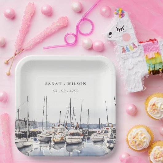 Gedempte kustboten bij Harbour Seascape Bruiloft Papieren Bordje (Feest)