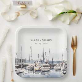 Gedempte kustboten bij Harbour Seascape Bruiloft Papieren Bordje