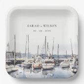 Gedempte kustboten bij Harbour Seascape Bruiloft Papieren Bordje (Voorkant)