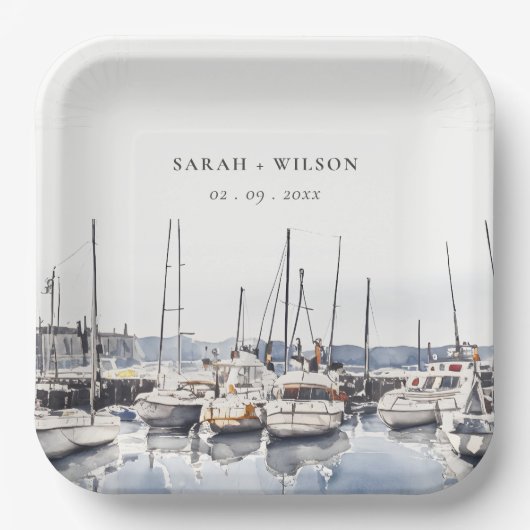 Gedempte kustboten bij Harbour Seascape Bruiloft Papieren Bordje (Voorkant)