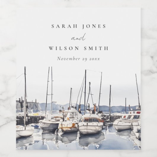 Gedempte kustboten bij Harbour Seascape Bruiloft Wijn Etiket (Enkel label)