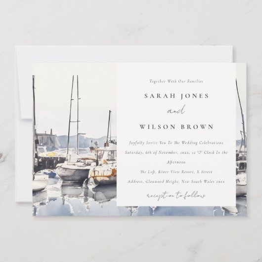 Gedempte kustboten bij haven zeelandschap bruiloft kaart (Voorkant)