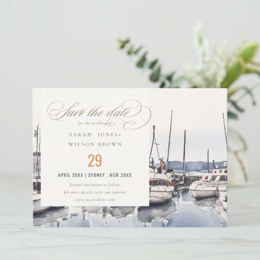 Gedempte kustboten bij haven zeelandschap bruiloft save the date (Staand voorkant)