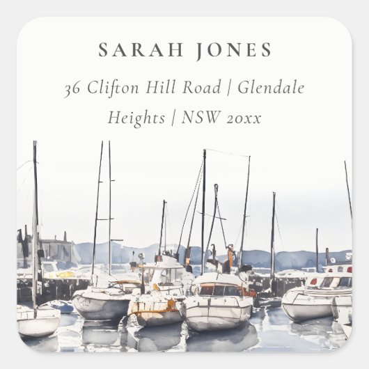 Gedempte kustboten op haven zeegezicht adres vierkante sticker (Voorkant)
