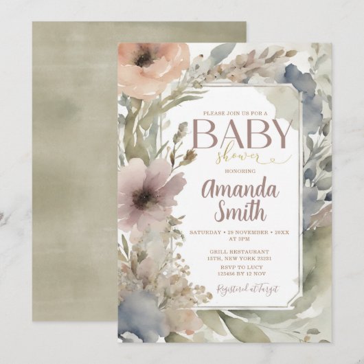 Gedempte Neutral Wildflower Baby shower Waterverf Kaart (Voorkant / Achterkant)