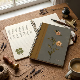 Gedempte Olijfgroen & Gouden Bloem Faux Leer Notitieboek