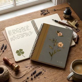 Gedempte Olijfgroen & Gouden Bloem Faux Leer Notitieboek