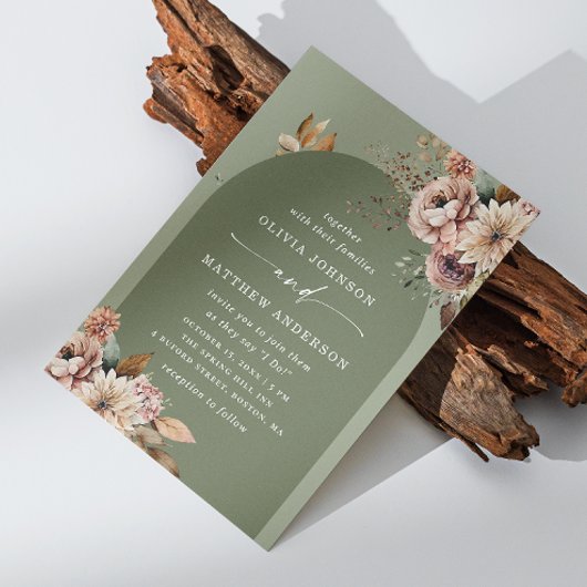 Gedempte Olijfgroene Boog Bruiloft | Boho Stof Sag Kaart
