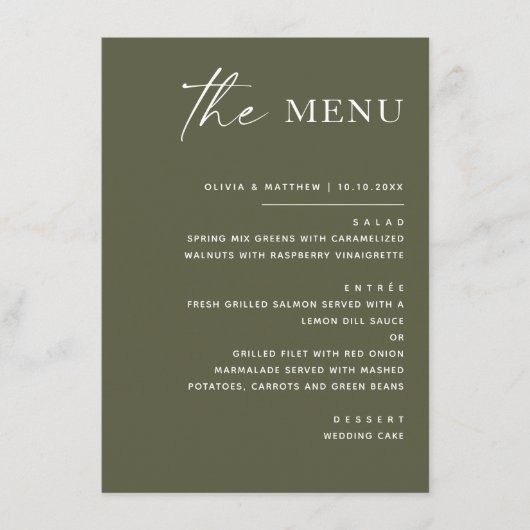 Gedempte Olijfgroene Bruiloft | Modern Minimalisti Menu (Voorkant)