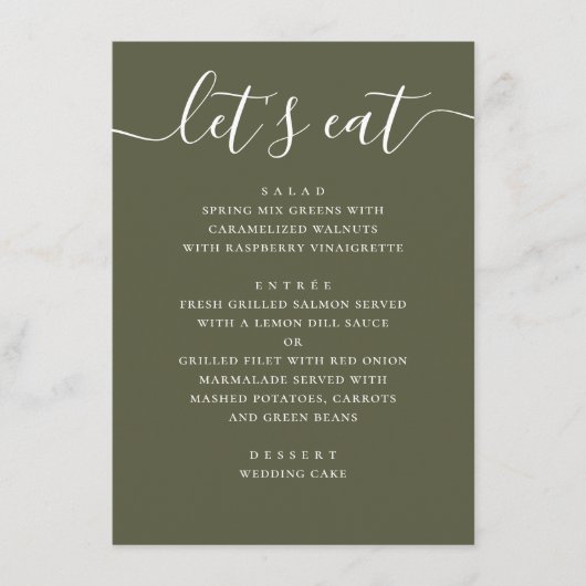 Gedempte Olijfgroene Bruiloft. Moderne Tuin Recept Menu (Voorkant)