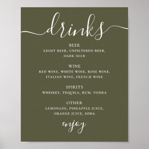 Gedempte Olijfgroene Trouwbar   Modern Drankmenu Poster