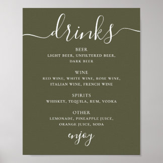 Gedempte Olijfgroene Trouwbar | Modern Drankmenu Poster