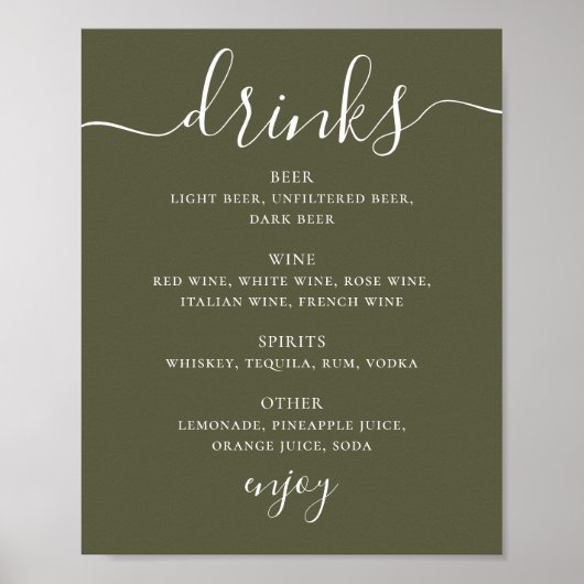 Gedempte Olijfgroene Trouwbar | Modern Drankmenu Poster (Voorkant)