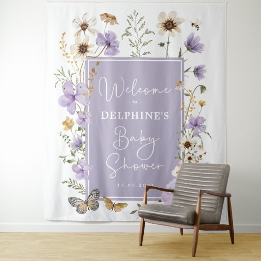 Gedempte Paarse Wildflower Fairy Baby shower Welko Wandkleed (In situ)
