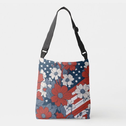 Gedempte Pastel Amerikaanse vlag en bloemen Crossbody Tas (Voorkant)
