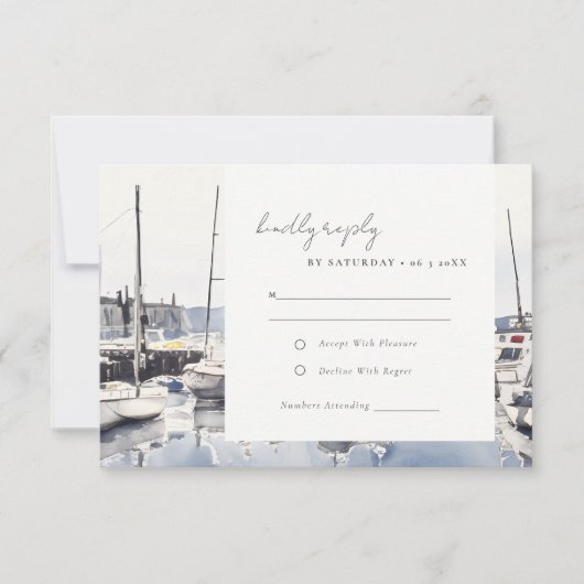 gedempte pastel kusthaven boten zeegezicht bruilof RSVP kaartje (Voorkant)