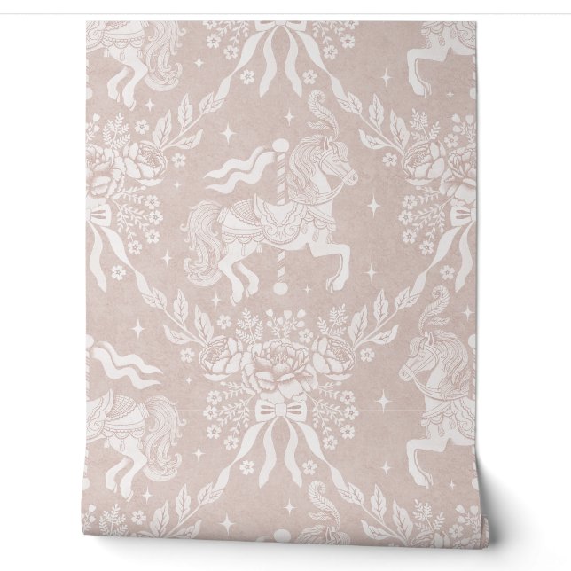 Gedempte Pastel Roze Rococo Draaiorgelpaarden & Bl Behang (Afrollen)